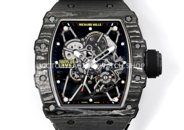 New Factory Richard Mille RM 35-01 42.7mm Black Carbon Fiber Black White Rubber Strap Black Skeletonized Dial (6) New Factory Richard Mille RM 35-01 42.7mm Black Carbon Fiber Black White Rubber Strap Black Skeletonized Dial