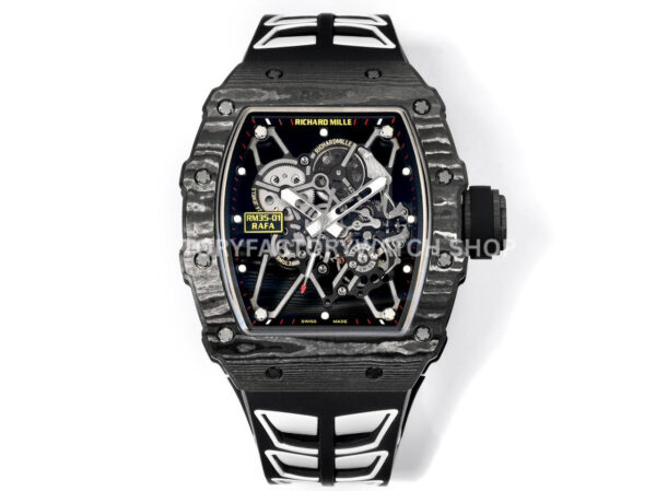 New Factory Richard Mille RM 35-01 42.7mm Black Carbon Fiber Black White Rubber Strap Black Skeletonized Dial (7) New Factory RM35-01 black carbon fiber black white rubber strap skeletonized dial