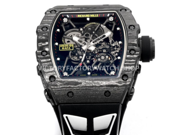 New Factory Richard Mille RM 35-01 42.7mm Black Carbon Fiber Black White Rubber Strap Black Skeletonized Dial (8) New Factory Richard Mille RM 35-01 42.7mm Black Carbon Fiber Black White Rubber Strap Black Skeletonized Dial