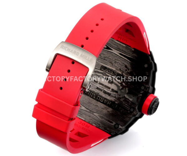 New Factory Richard Mille RM 35-01 42.7mm Black Carbon Fiber Red White Rubber Strap Black Skeletonized Dial