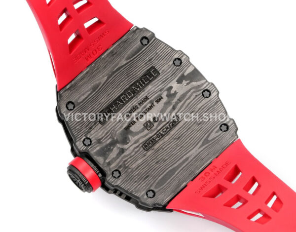 New Factory Richard Mille RM 35-01 42.7mm Black Carbon Fiber Red White Rubber Strap Black Skeletonized Dial