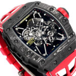 New Factory Richard Mille RM 35-01 42.7mm Black Carbon Fiber Red White Rubber Strap Black Skeletonized Dial