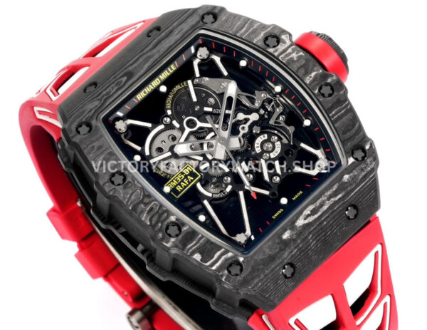 New Factory Richard Mille RM 35-01 42.7mm Black Carbon Fiber Red White Rubber Strap Black Skeletonized Dial