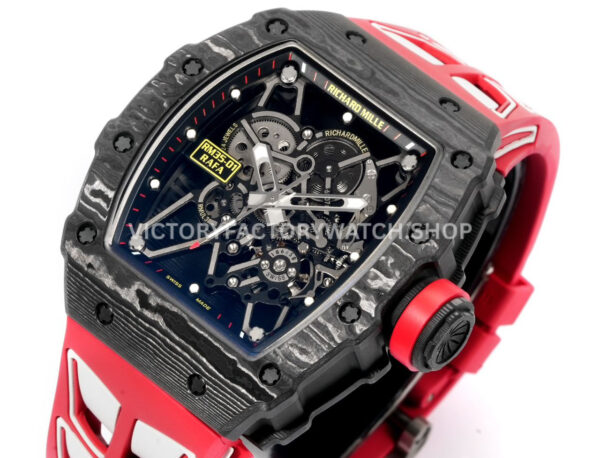 New Factory Richard Mille RM 35-01 42.7mm Black Carbon Fiber Red White Rubber Strap Black Skeletonized Dial