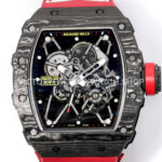 New Factory Richard Mille RM 35-01 42.7mm Black Carbon Fiber Red White Rubber Strap Black Skeletonized Dial
