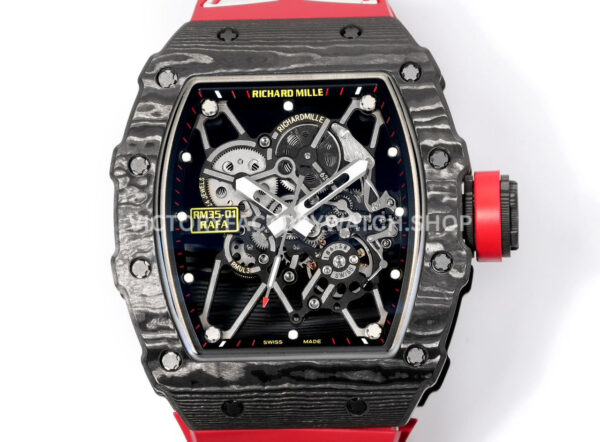 New Factory Richard Mille RM 35-01 42.7mm Black Carbon Fiber Red White Rubber Strap Black Skeletonized Dial