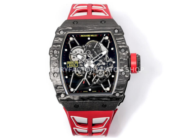 Rafael Nadal RM35-01 black carbon fiber red white rubber strap black skeletonized dial