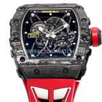 New Factory Richard Mille RM 35-01 42.7mm Black Carbon Fiber Red White Rubber Strap Black Skeletonized Dial