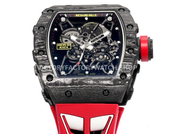 New Factory Richard Mille RM 35-01 42.7mm Black Carbon Fiber Red White Rubber Strap Black Skeletonized Dial