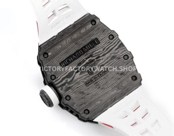 New Factory Richard Mille RM 35-01 42.7mm Black Carbon Fiber White Red Rubber Strap Black Skeletonized Dial