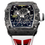 New Factory Richard Mille RM 35-01 42.7mm Black Carbon Fiber White Red Rubber Strap Black Skeletonized Dial