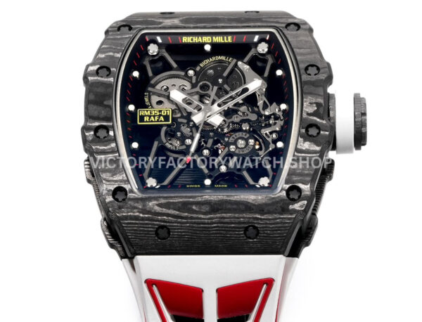 New Factory Richard Mille RM 35-01 42.7mm Black Carbon Fiber White Red Rubber Strap Black Skeletonized Dial