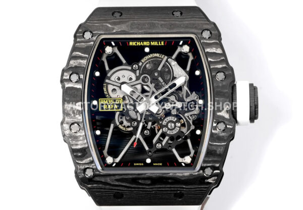 New Factory Richard Mille RM 35-01 42.7mm Black Carbon Fiber White Red Rubber Strap Black Skeletonized Dial