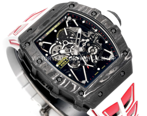 New Factory Richard Mille RM 35-01 42.7mm Black Carbon Fiber White Red Rubber Strap Black Skeletonized Dial