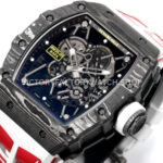 New Factory Richard Mille RM 35-01 42.7mm Black Carbon Fiber White Red Rubber Strap Black Skeletonized Dial