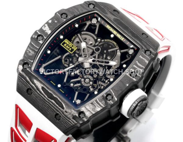 New Factory Richard Mille RM 35-01 42.7mm Black Carbon Fiber White Red Rubber Strap Black Skeletonized Dial