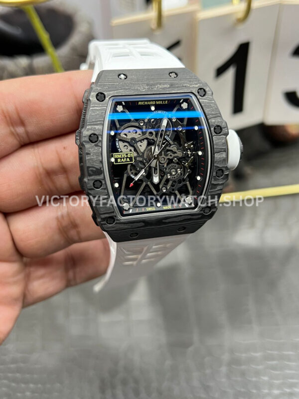 New Factory Richard Mille RM 35-01 42.7mm Black Carbon Fiber White Rubber Strap Black Skeletonized Dial (1) New Factory Richard Mille RM 35-01 42.7mm Black Carbon Fiber White Rubber Strap Black Skeletonized Dial