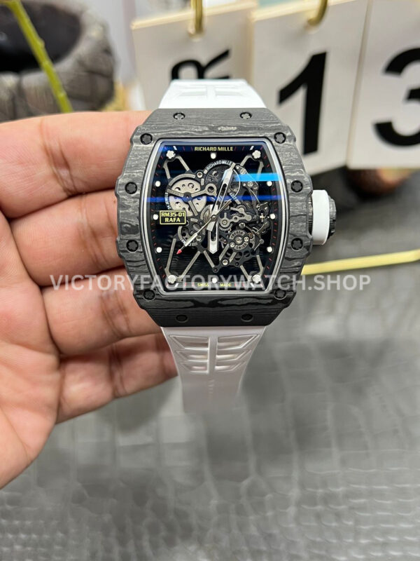 New Factory Richard Mille RM 35-01 42.7mm Black Carbon Fiber White Rubber Strap Black Skeletonized Dial (2) New Factory Richard Mille RM35-01 black carbon fiber white rubber strap black skeleton dial