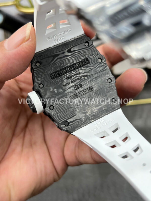 New Factory Richard Mille RM 35-01 42.7mm Black Carbon Fiber White Rubber Strap Black Skeletonized Dial (4) New Factory Richard Mille RM 35-01 42.7mm Black Carbon Fiber White Rubber Strap Black Skeletonized Dial