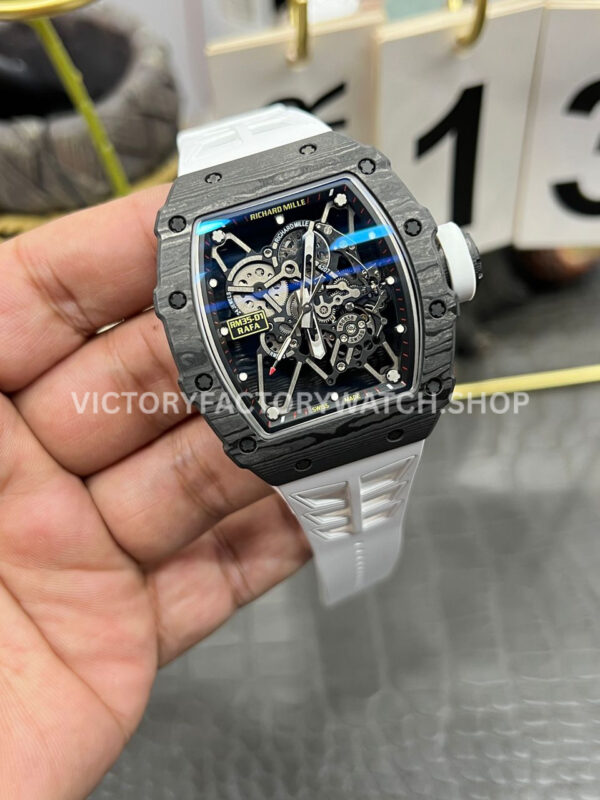 New Factory Richard Mille RM 35-01 42.7mm Black Carbon Fiber White Rubber Strap Black Skeletonized Dial (5) New Factory Richard Mille RM 35-01 42.7mm Black Carbon Fiber White Rubber Strap Black Skeletonized Dial