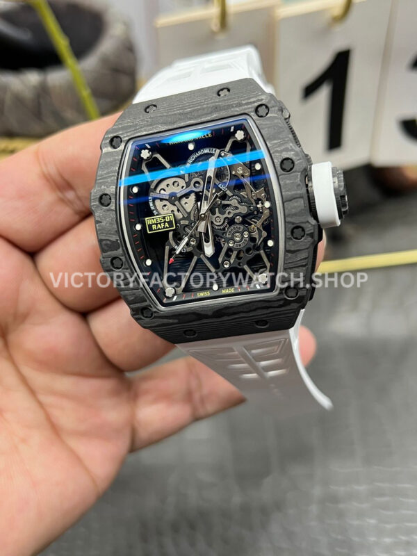 New Factory Richard Mille RM 35-01 42.7mm Black Carbon Fiber White Rubber Strap Black Skeletonized Dial (6) New Factory Richard Mille RM 35-01 42.7mm Black Carbon Fiber White Rubber Strap Black Skeletonized Dial