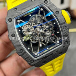 New Factory Richard Mille RM 35-01 42.7mm Black Carbon Fiber Yellow Rubber Strap Black Skeletonized Dial