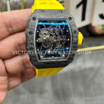 New Factory Richard Mille RM 35-01 42.7mm Black Carbon Fiber Yellow Rubber Strap Black Skeletonized Dial