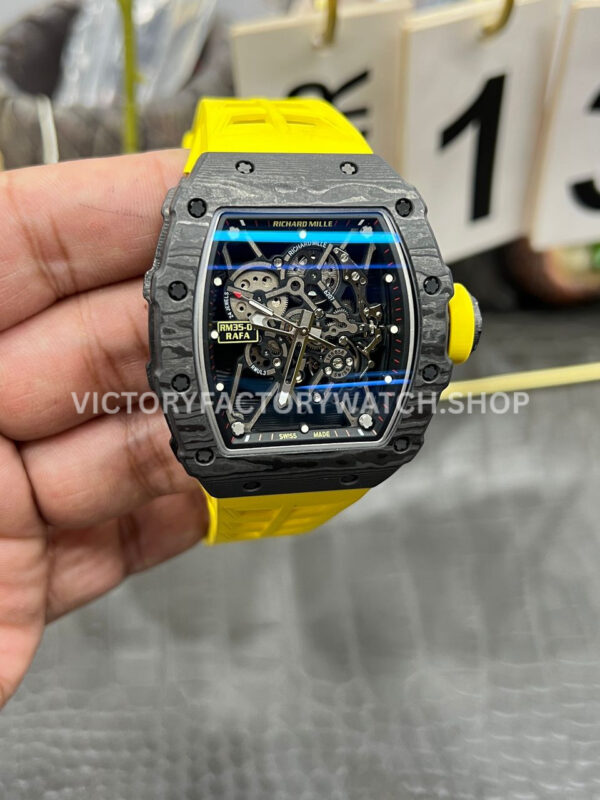 New Factory Richard Mille RM 35-01 42.7mm Black Carbon Fiber Yellow Rubber Strap Black Skeletonized Dial