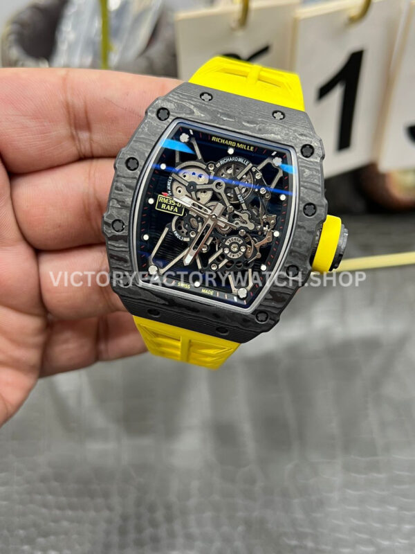 New Factory Richard Mille RM 35-01 42.7mm Black Carbon Fiber Yellow Rubber Strap Black Skeletonized Dial