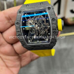 New Factory Richard Mille RM 35-01 42.7mm Black Carbon Fiber Yellow Rubber Strap Black Skeletonized Dial