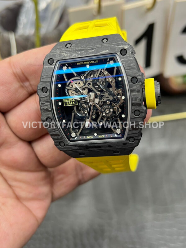 New Factory Richard Mille RM 35-01 42.7mm Black Carbon Fiber Yellow Rubber Strap Black Skeletonized Dial