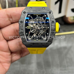 RM35-01 black carbon fiber yellow rubber strap skeletonized dial replica watch