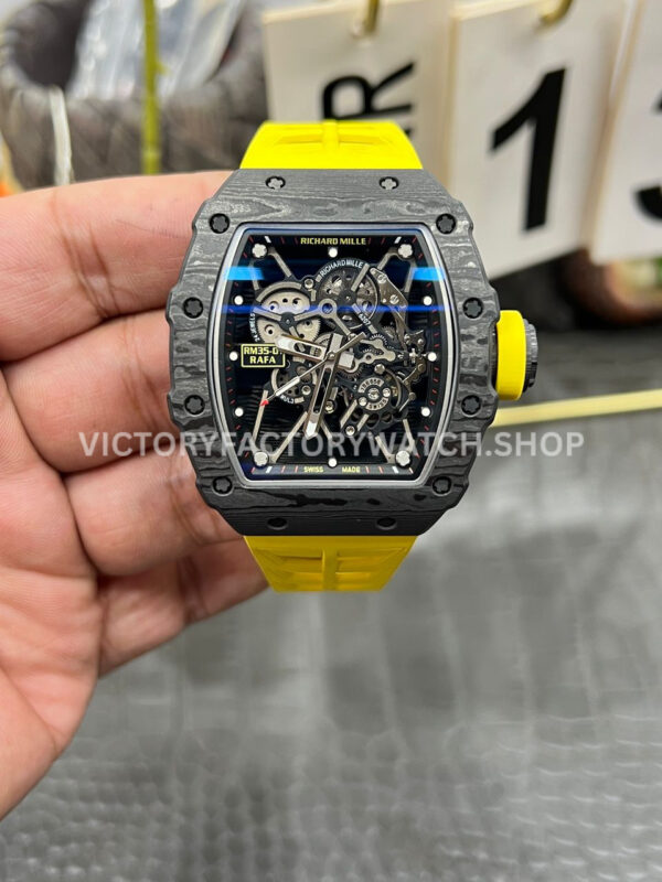 RM35-01 black carbon fiber yellow rubber strap skeletonized dial replica watch