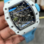 New Factory Richard Mille RM 35-01 42.7mm White Carbon Fiber Light Blue Rubber Strap Black Skeletonized Dial (10) New Factory Richard Mille RM 35-01 42.7mm White Carbon Fiber Light Blue Rubber Strap Black Skeletonized Dial