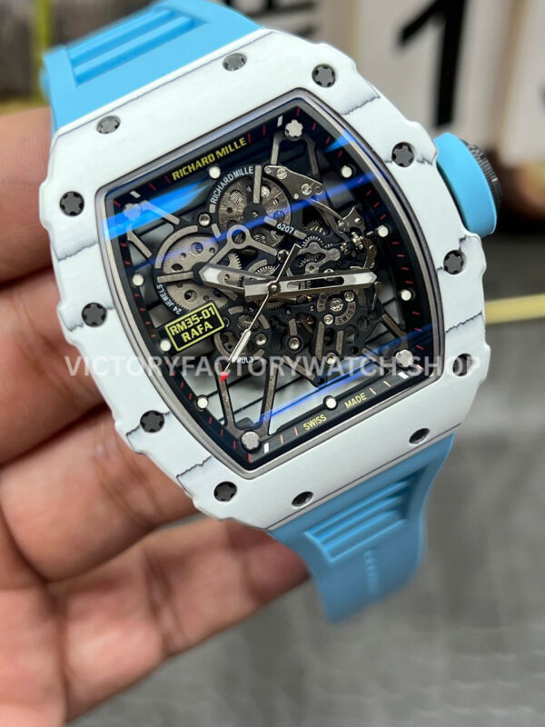 New Factory Richard Mille RM 35-01 42.7mm White Carbon Fiber Light Blue Rubber Strap Black Skeletonized Dial (10) New Factory Richard Mille RM 35-01 42.7mm White Carbon Fiber Light Blue Rubber Strap Black Skeletonized Dial