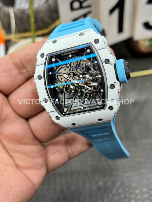 New Factory Richard Mille RM 35-01 42.7mm White Carbon Fiber Light Blue Rubber Strap Black Skeletonized Dial (2) New Factory Richard Mille RM 35-01 42.7mm White Carbon Fiber Light Blue Rubber Strap Black Skeletonized Dial