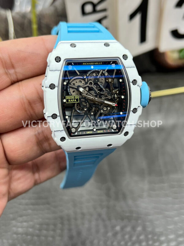 New Factory Richard Mille RM 35-01 42.7mm White Carbon Fiber Light Blue Rubber Strap Black Skeletonized Dial (3) New Factory Richard Mille RM 35-01 42.7mm White Carbon Fiber Light Blue Rubber Strap Black Skeletonized Dial