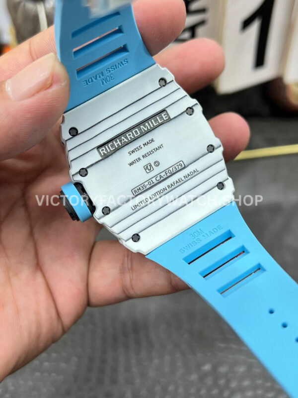New Factory Richard Mille RM 35-01 42.7mm White Carbon Fiber Light Blue Rubber Strap Black Skeletonized Dial (4) New Factory Richard Mille RM 35-01 42.7mm White Carbon Fiber Light Blue Rubber Strap Black Skeletonized Dial
