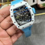 New Factory Richard Mille RM 35-01 42.7mm White Carbon Fiber Light Blue Rubber Strap Black Skeletonized Dial (5) New Factory Richard Mille RM 35-01 42.7mm White Carbon Fiber Light Blue Rubber Strap Black Skeletonized Dial