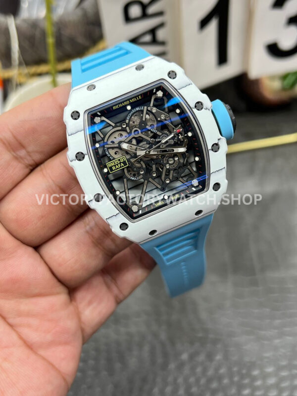 New Factory Richard Mille RM 35-01 42.7mm White Carbon Fiber Light Blue Rubber Strap Black Skeletonized Dial (5) New Factory Richard Mille RM 35-01 42.7mm White Carbon Fiber Light Blue Rubber Strap Black Skeletonized Dial