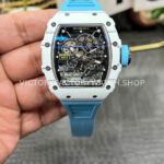 New Factory Richard Mille RM 35-01 42.7mm White Carbon Fiber Light Blue Rubber Strap Black Skeletonized Dial (6) New Factory RM35-01 white carbon fiber light blue rubber strap black skeleton dial