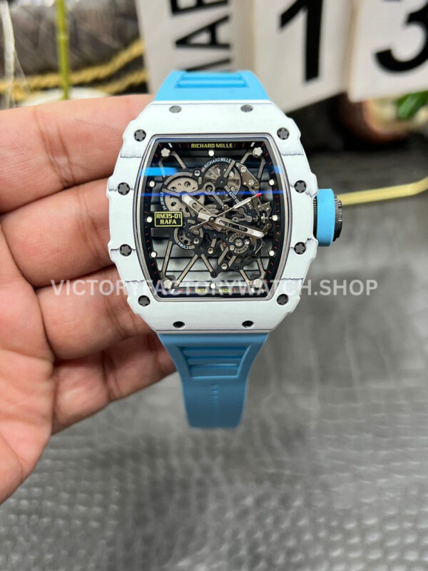 New Factory Richard Mille RM 35-01 42.7mm White Carbon Fiber Light Blue Rubber Strap Black Skeletonized Dial (6) New Factory RM35-01 white carbon fiber light blue rubber strap black skeleton dial