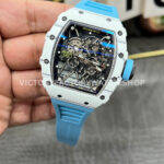 New Factory Richard Mille RM 35-01 42.7mm White Carbon Fiber Light Blue Rubber Strap Black Skeletonized Dial (7) New Factory Richard Mille RM 35-01 42.7mm White Carbon Fiber Light Blue Rubber Strap Black Skeletonized Dial