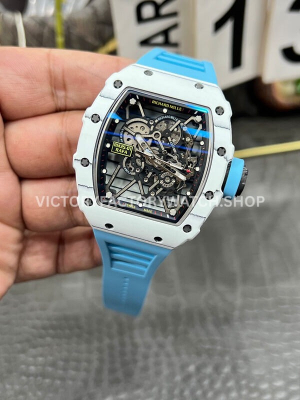 New Factory Richard Mille RM 35-01 42.7mm White Carbon Fiber Light Blue Rubber Strap Black Skeletonized Dial (7) New Factory Richard Mille RM 35-01 42.7mm White Carbon Fiber Light Blue Rubber Strap Black Skeletonized Dial