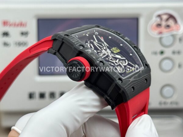 New Factory Richard Mille RM 35-02 44.5mm Black Carbon Fiber Red Rubber Strap Black Skeletonized Dial