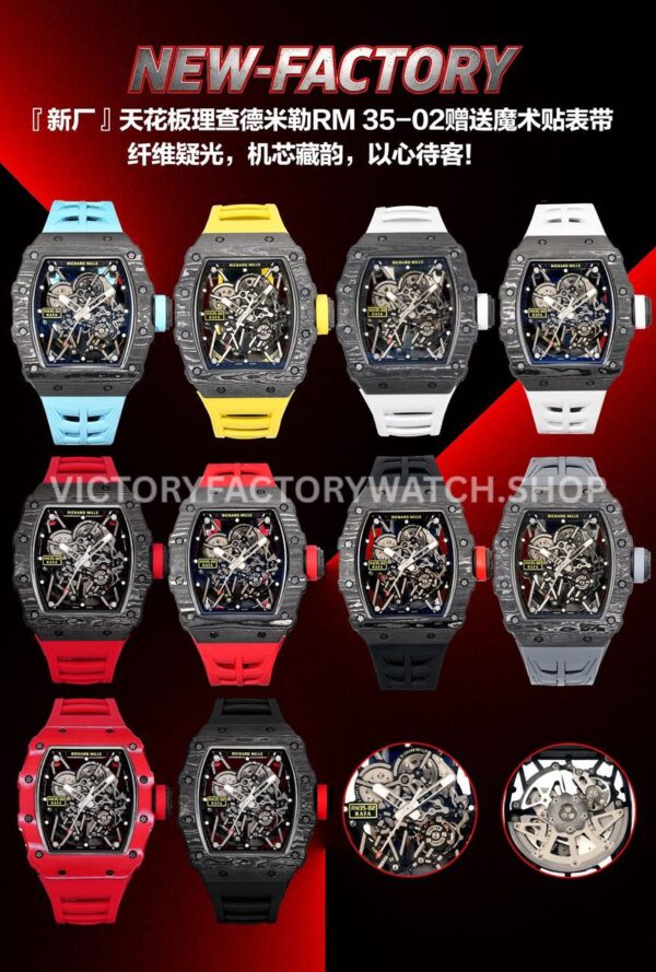 New Factory Richard Mille RM 35-02 44.5mm Black Carbon Fiber Red Rubber Strap Black Skeletonized Dial