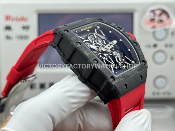 New Factory Richard Mille RM 35-02 44.5mm Black Carbon Fiber Red Rubber Strap Black Skeletonized Dial