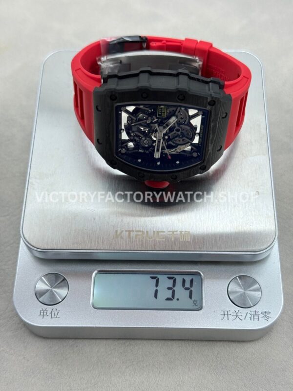 New Factory Richard Mille RM 35-02 44.5mm Black Carbon Fiber Red Rubber Strap Black Skeletonized Dial