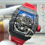 New Factory Richard Mille RM 35-02 44.5mm Black Carbon Fiber Red Rubber Strap Black Skeletonized Dial
