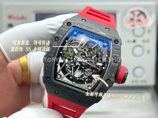 New Factory Richard Mille RM 35-02 44.5mm Black Carbon Fiber Red Rubber Strap Black Skeletonized Dial